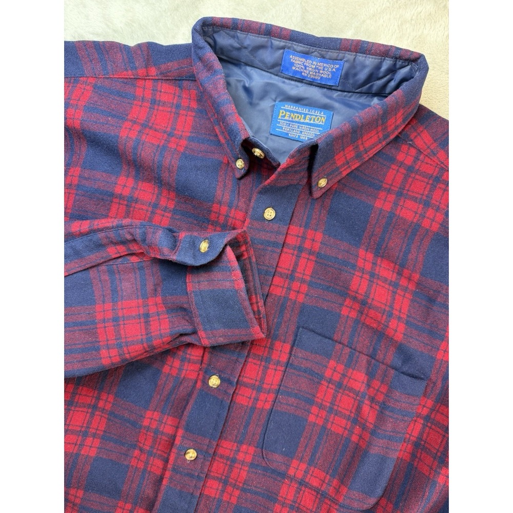Pendleton Shirt Men's Large Red Navy Plaid 100% Virgin Wool Button Down 58X 31